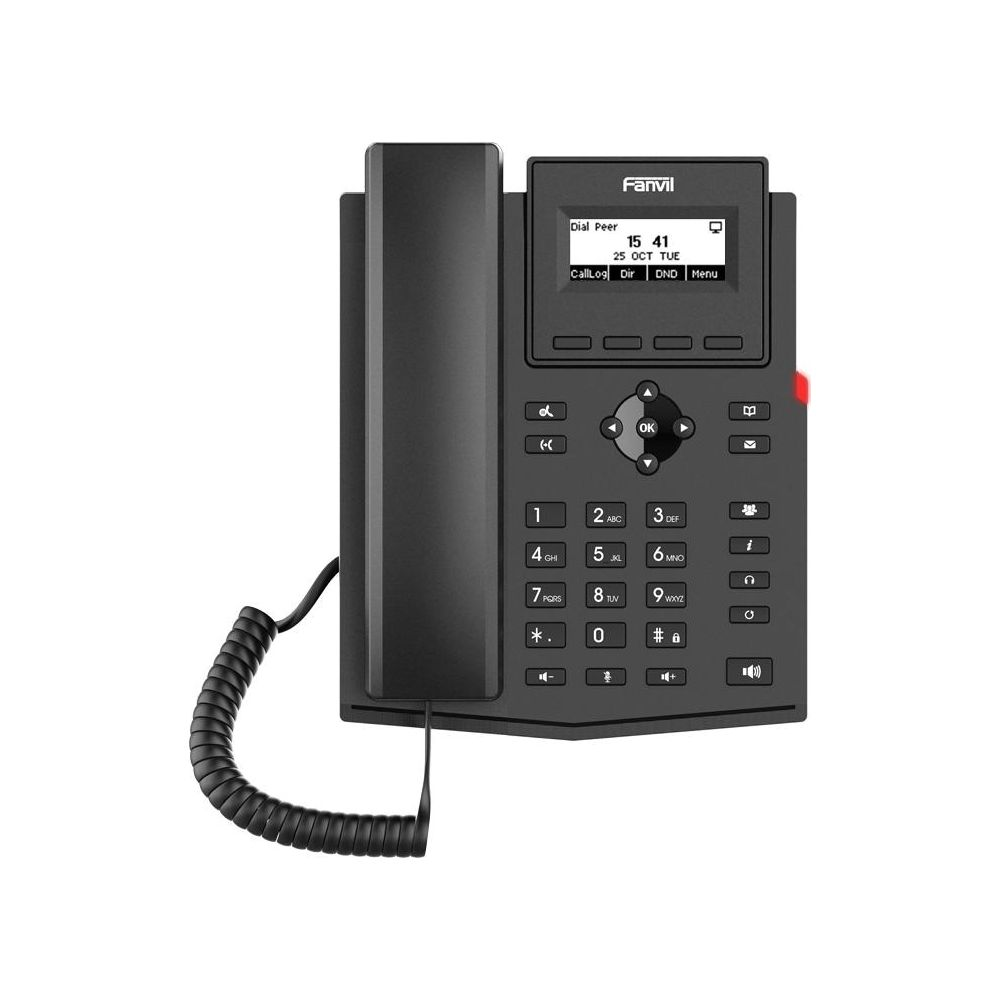 Ein schwarzes Fanvil-Tischtelefon mit einem verdrahteten Hörer und einem LCD-Bildschirm.