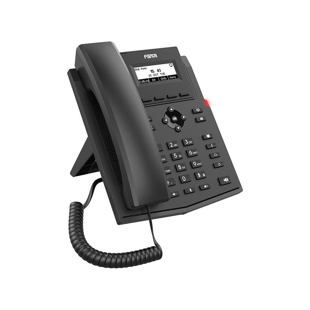 Ein schwarzes Tischtelefon von Fanvil mit einem Hörer, Tastatur und kleinem Display.