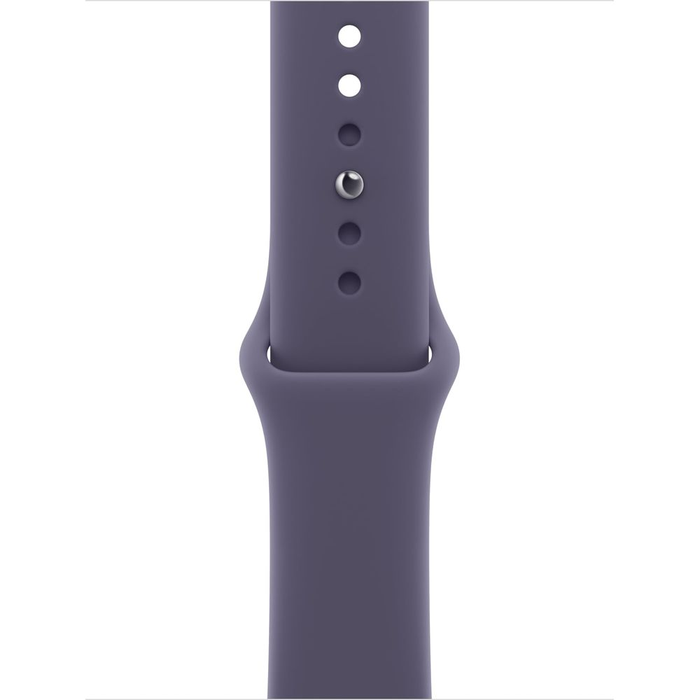 Un cinturino viola con fori e un bottone argentato.