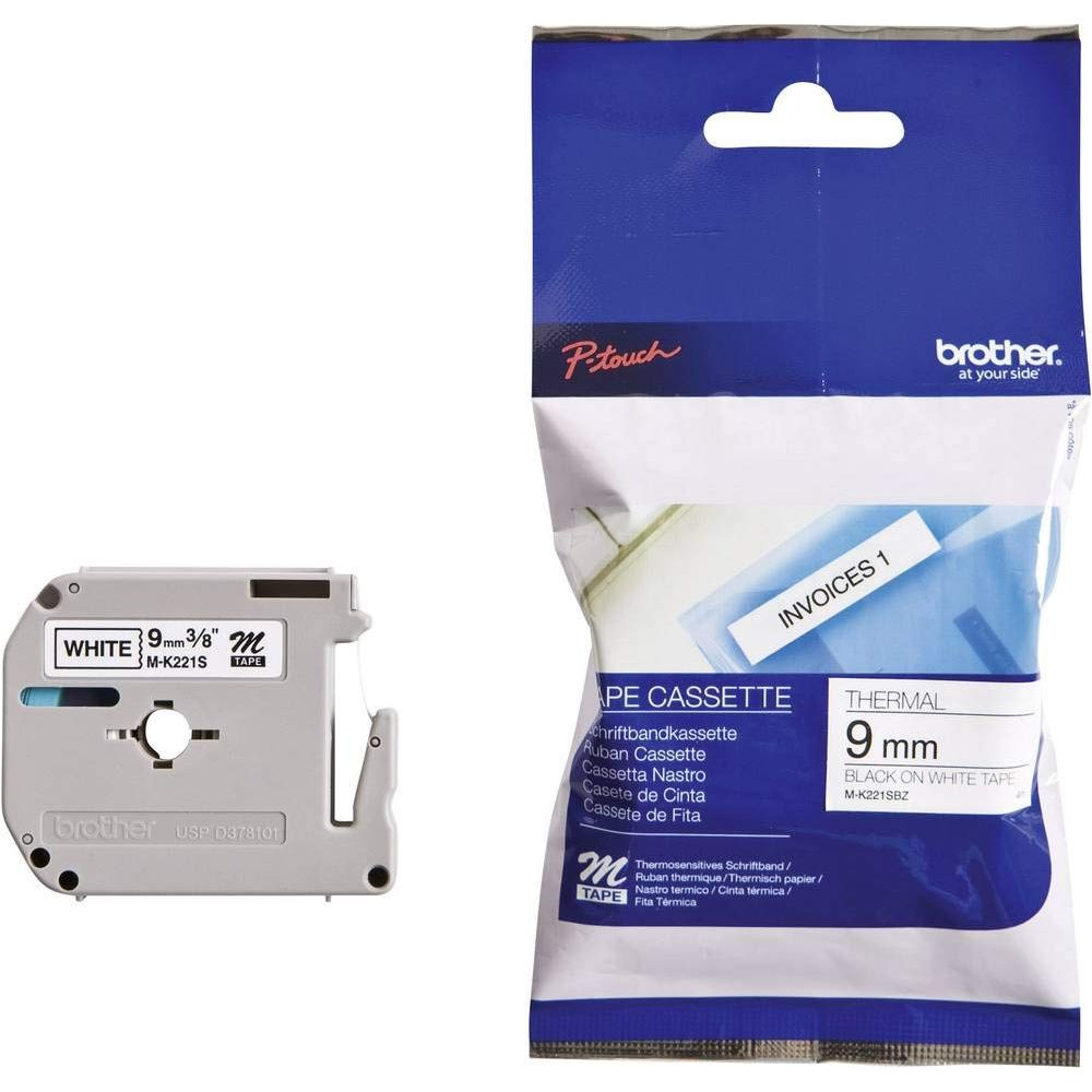 Weiße 9mm Brother P-Touch Tze-Bandkassette und Thermal-Schriftbandverpackung.