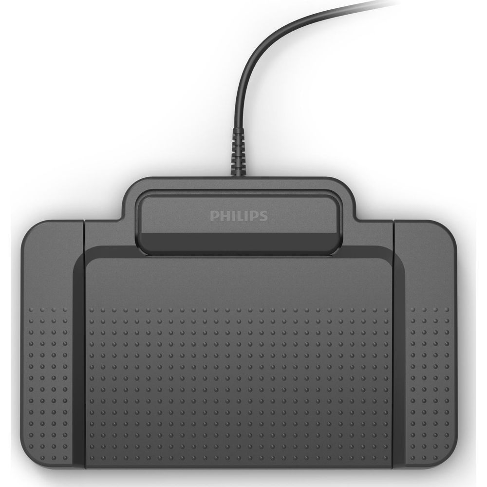 Ein schwarzer Philips Fußschalter mit geriffeltem Muster und Kabel.