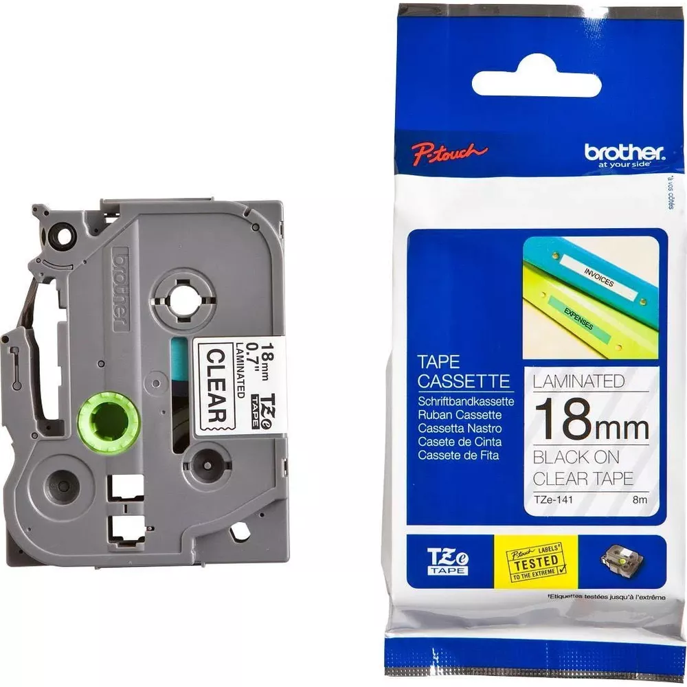 Brother TZe-141 Bandkassette, 18mm schwarz auf klar, mit Etikett und Kassette.