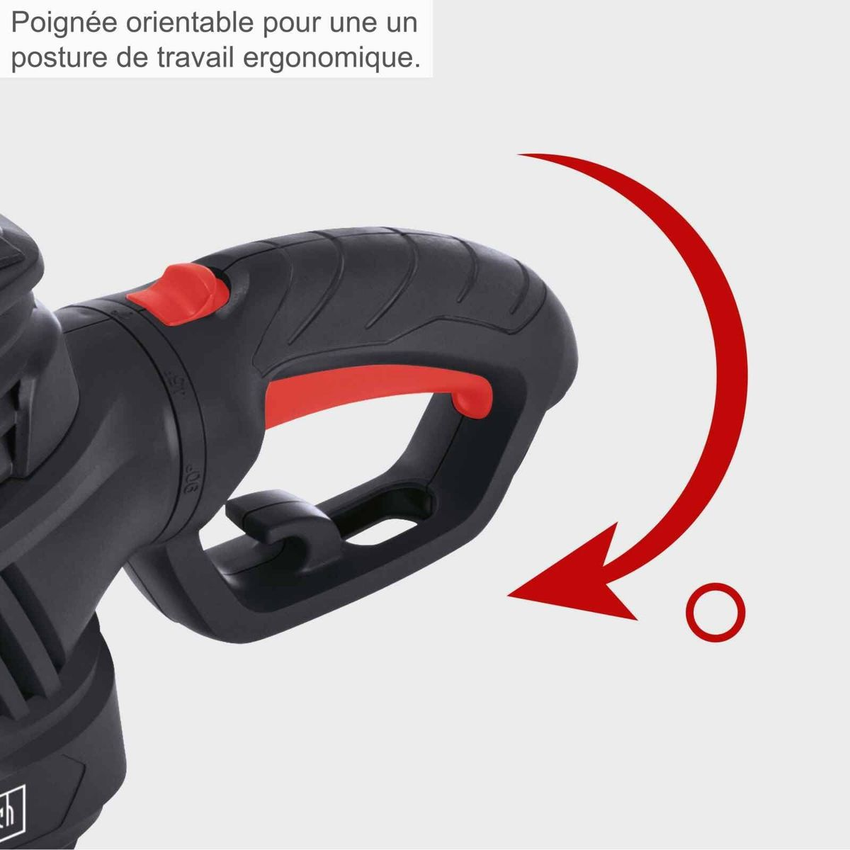 Zwarte handgreep met rode accenten, draaibaar voor ergonomische houding.