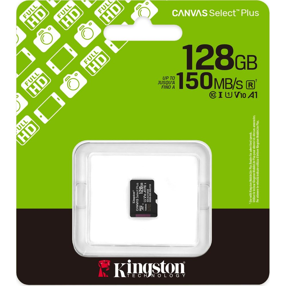 Kingston 128GB microSDXC Speicherkarte mit "Full HD" und "Canvas Select Plus" Aufdruck.