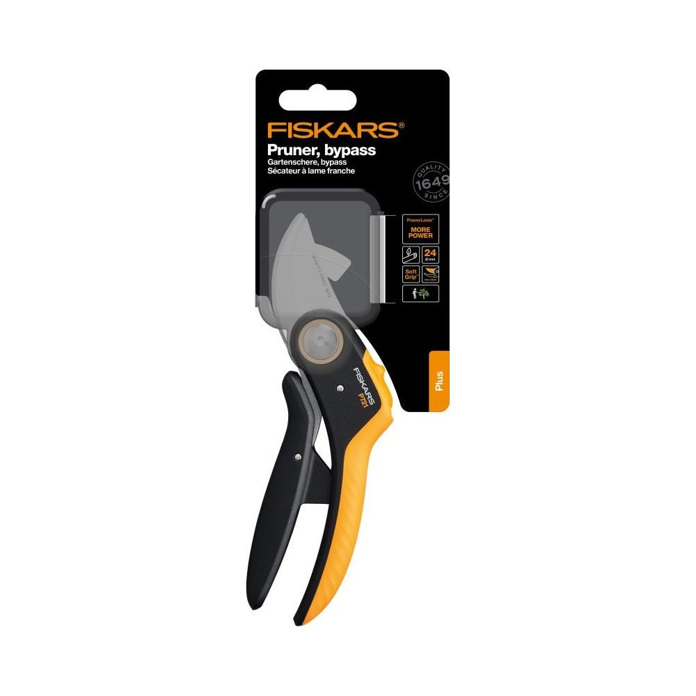Eine Bypass-Gartenschere von Fiskars mit schwarzen und orangefarbenen Griffen.