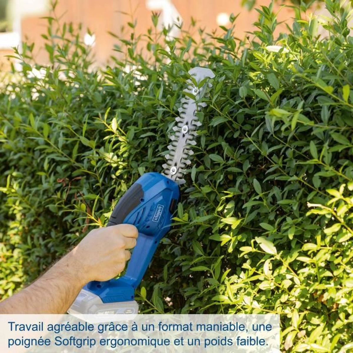 Een hand houdt een blauwe snoerloze heggenschaar vast, planten knippend.