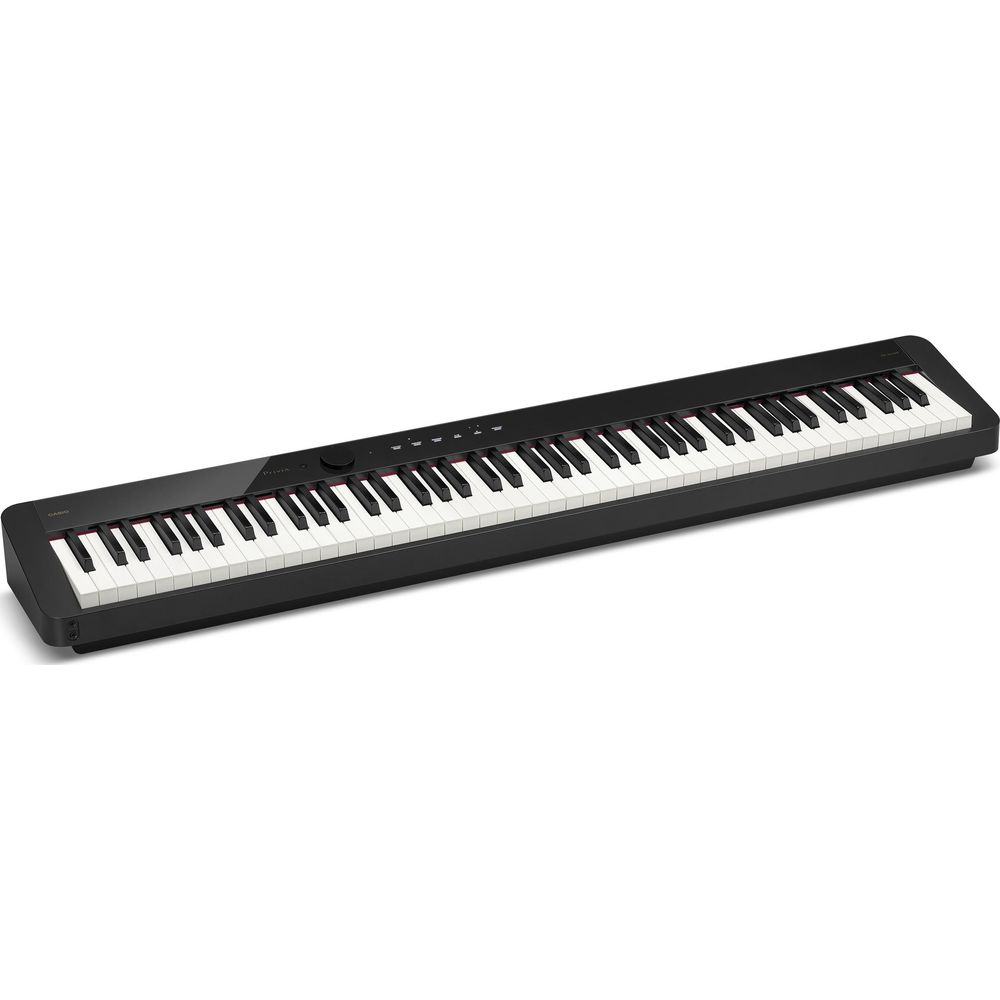 Een zwarte digitale piano met witte en zwarte toetsen op een witte achtergrond.