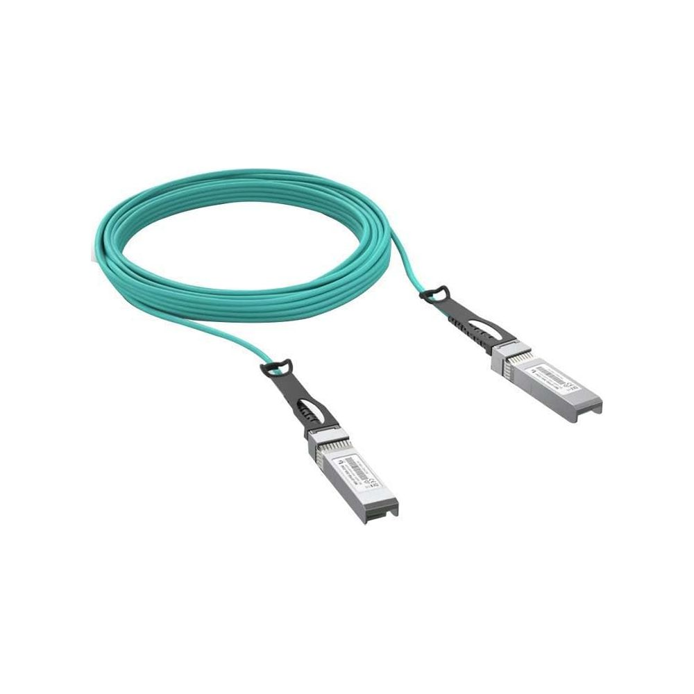 Turkusowy kabel światłowodowy z dwoma szarymi modułami SFP.