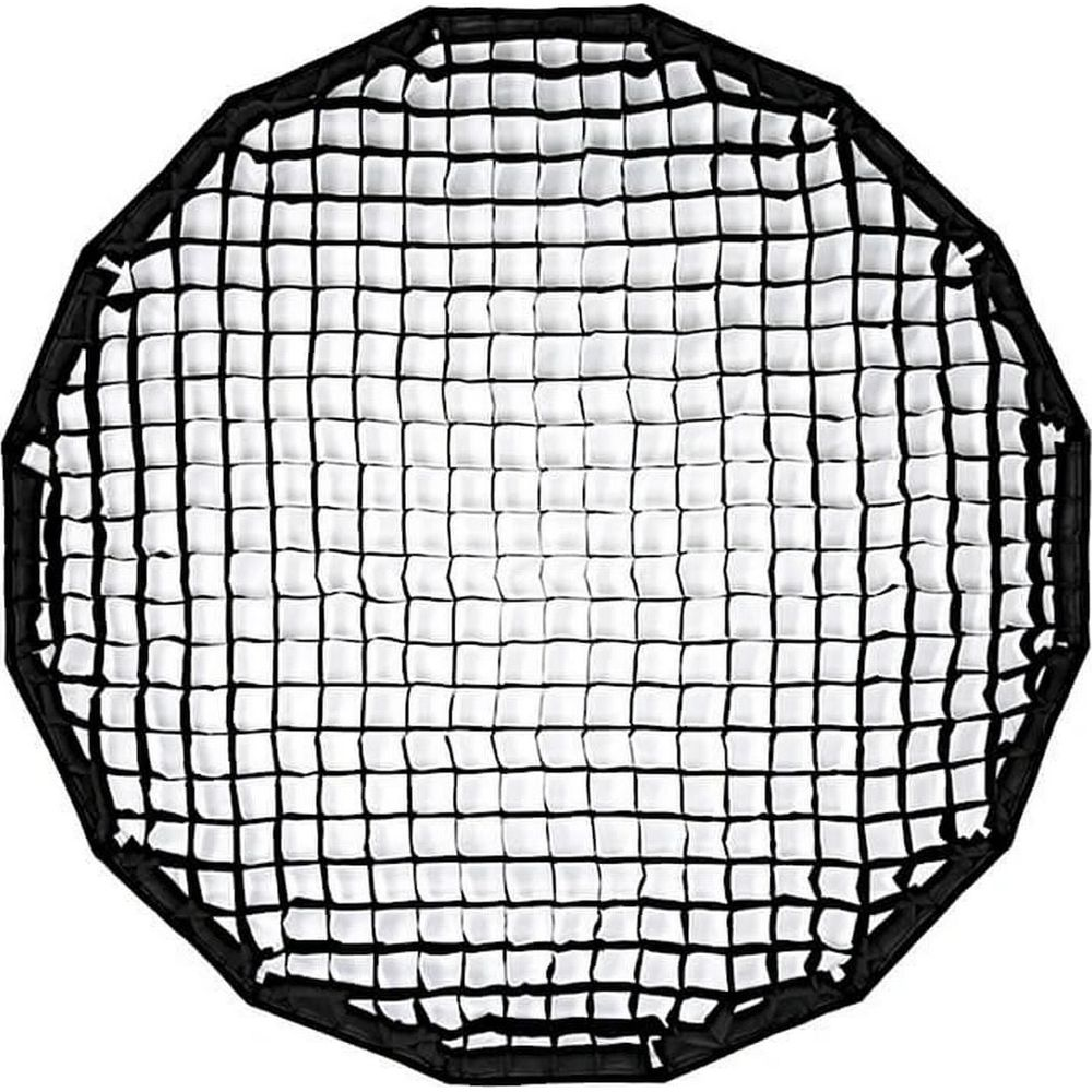 Ein achteckiger Stoff-Softbox-Grid mit schwarzen Gittern auf weißem Hintergrund.