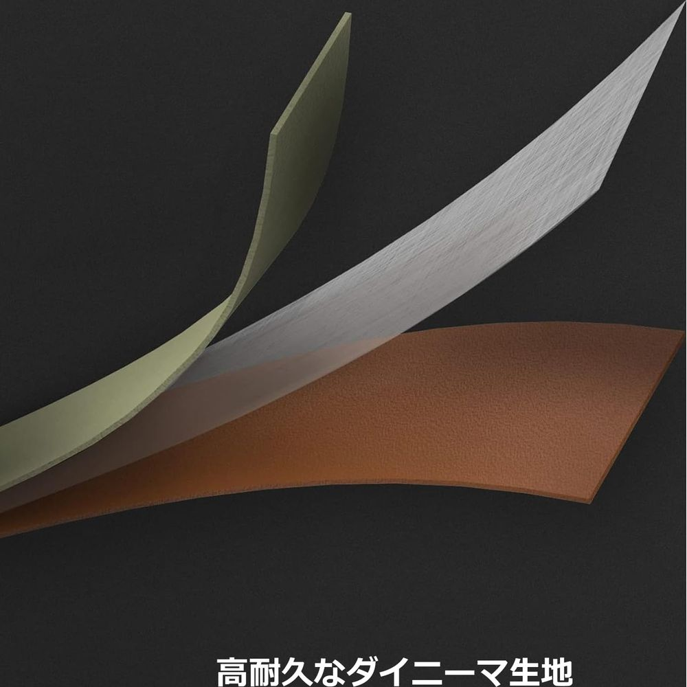 Warstwy wytrzymałego materiału w kolorze beżowym, szarym i zielonym na czarnym tle.