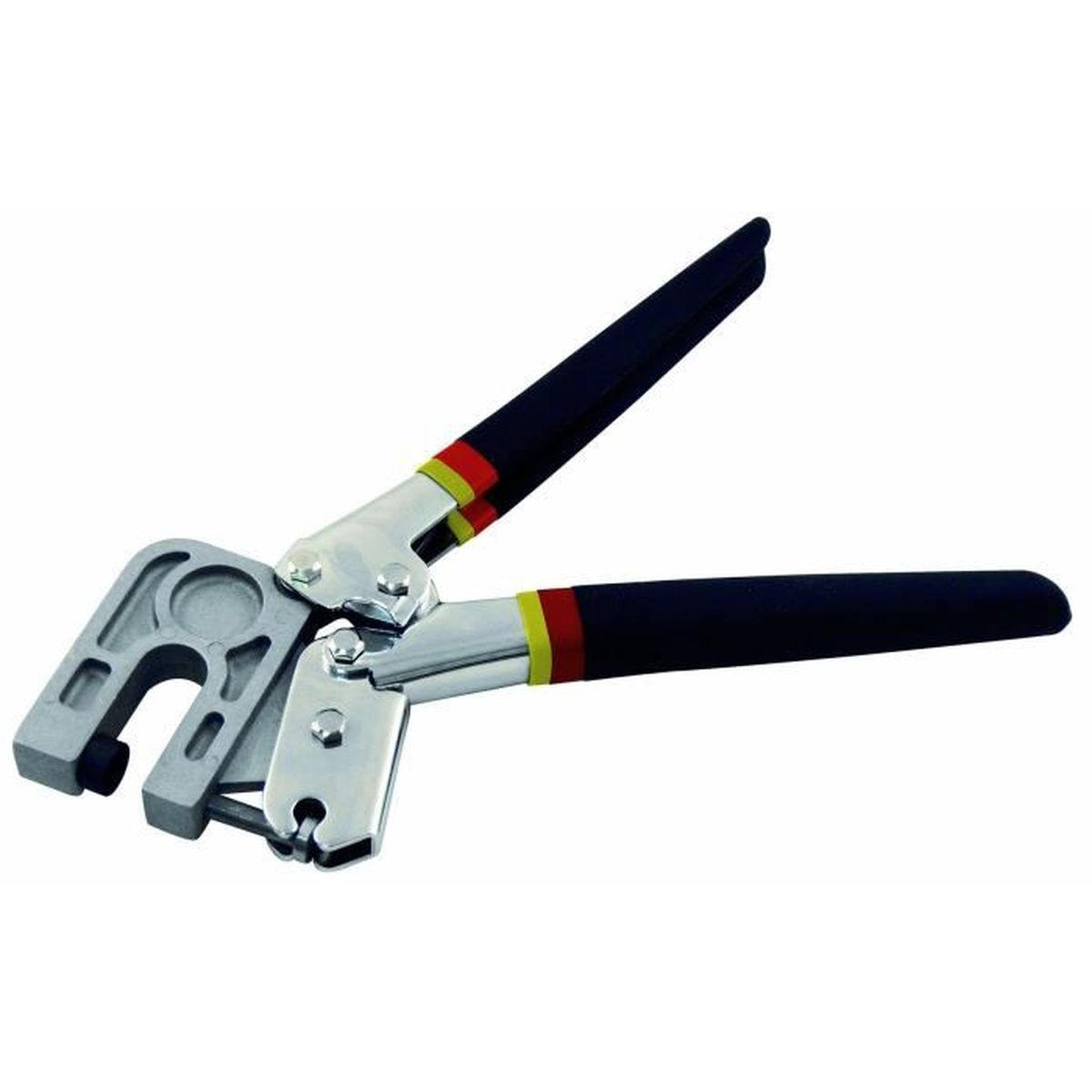 Ein Werkzeug mit schwarzen Griffen, roten und gelben Ringen, Metallteilen.