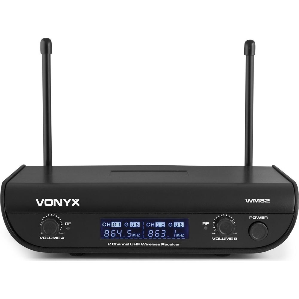 Black Vonyx WM82 2-channel UHF wireless receiver with antennas, display, and knobs.