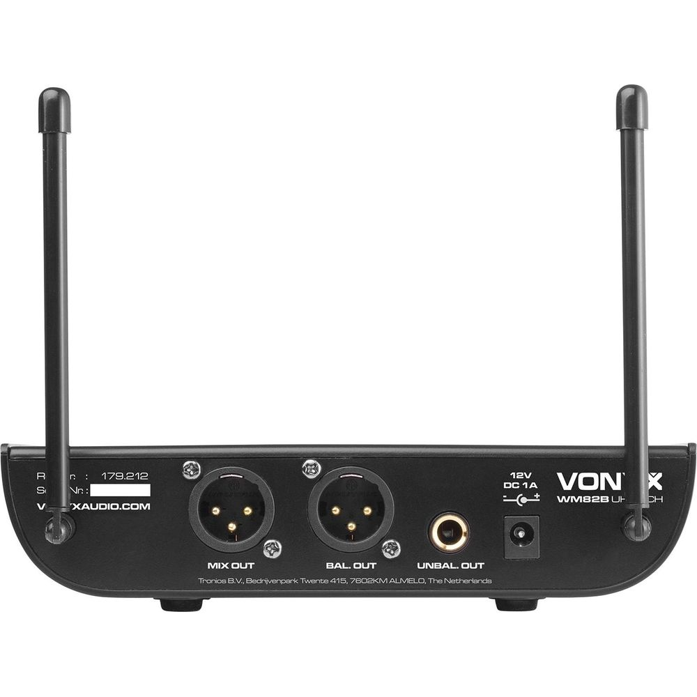 Back of a black audio device with two antennas, ports, and labels.