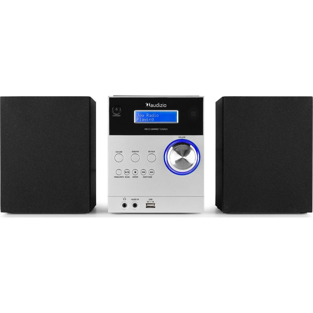 Un sistema stereo compatto Audizio con altoparlanti, display e pulsanti.