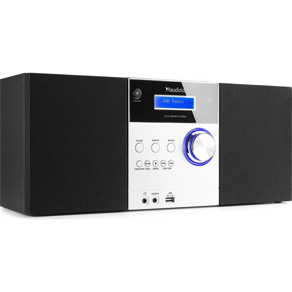 Un lettore CD radio DAB nero con frontale argentato e illuminazione blu.