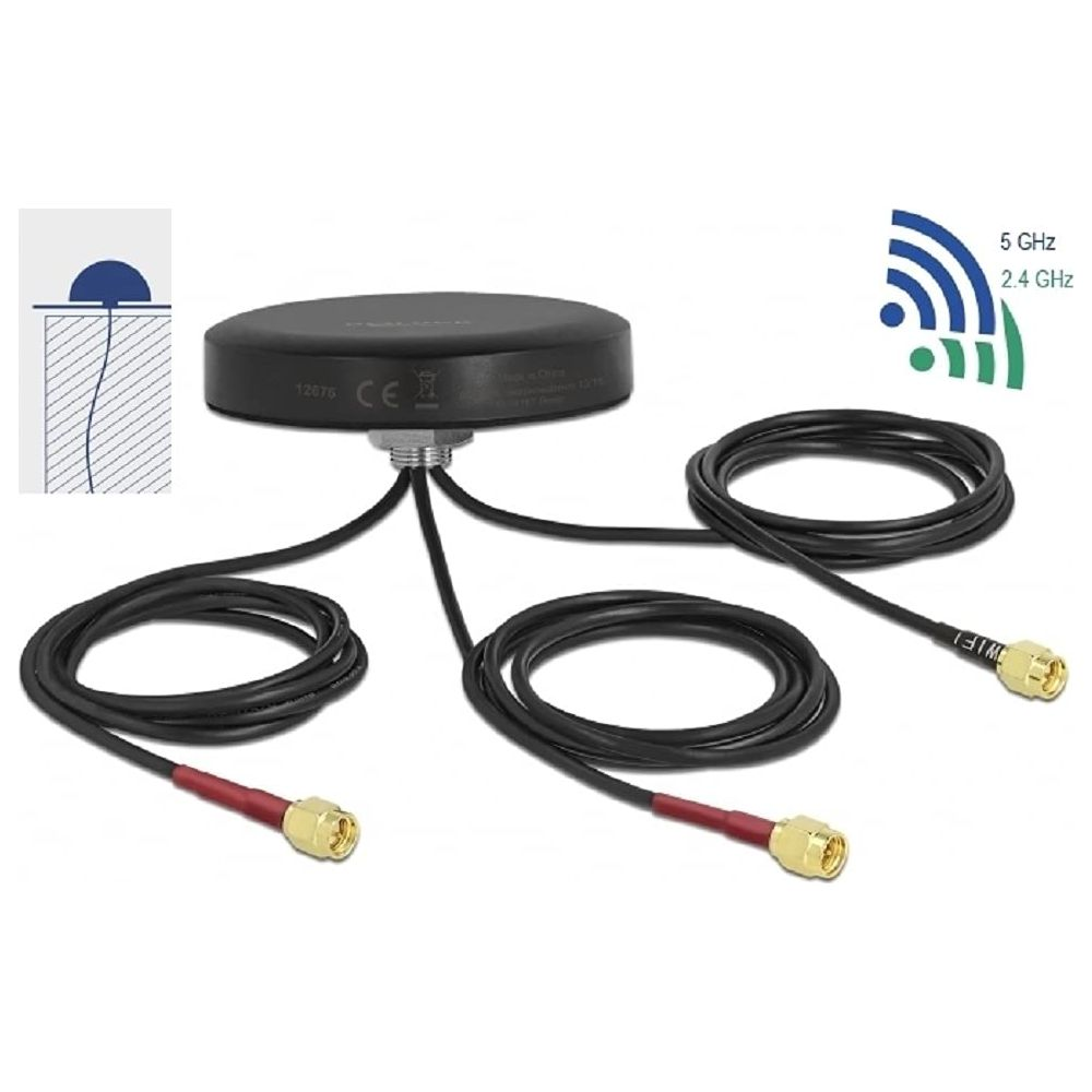 Czarna podstawa anteny WiFi z trzema kablami i złotymi złączami. Schemat po lewej.