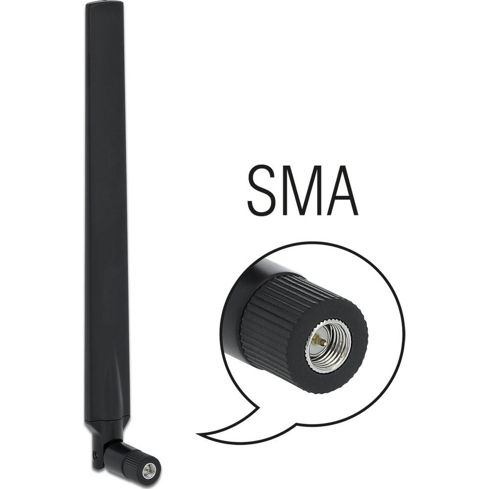 Un connettore antenna SMA nero con vista ravvicinata.