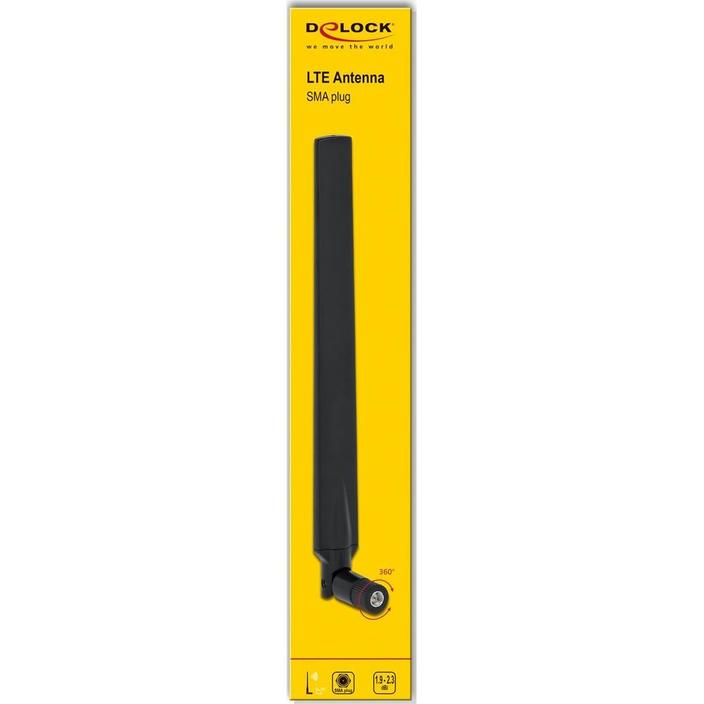 Antenna LTE nera con spina SMA, rotazione 360 gradi, guadagno 1,9-2,3 dBi.
