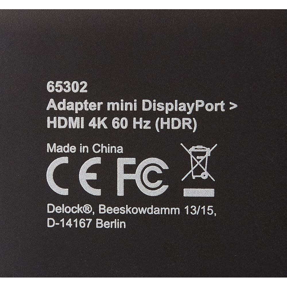 Adapter mini DisplayPort auf HDMI 4K 60 Hz (HDR). Made in China. CE FC.