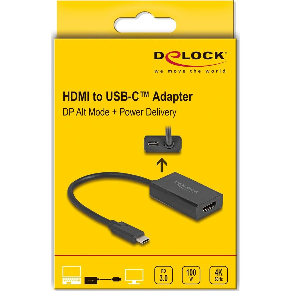 Ein schwarzer HDMI-zu-USB-C-Adapter mit Kabel und Anschlüssen auf gelbem Karton.