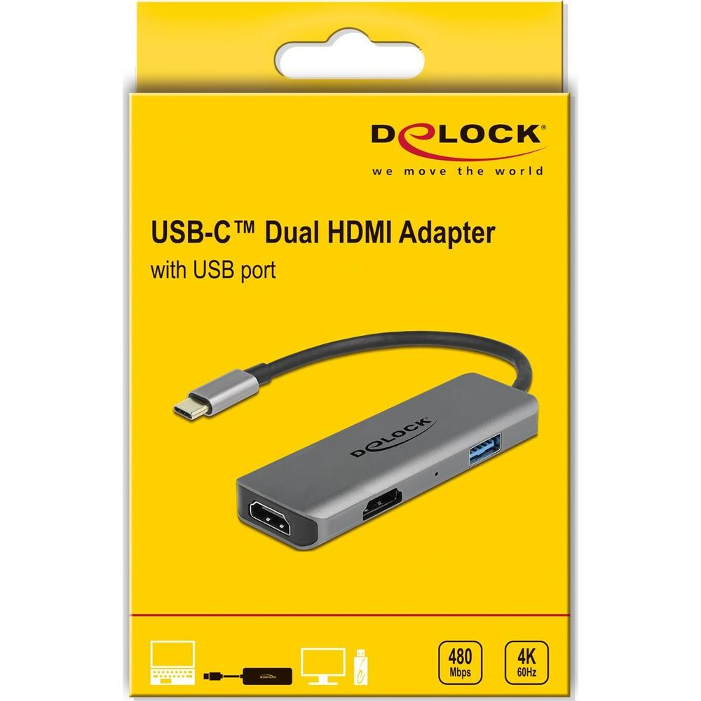 Grauer USB-C Dual HDMI Adapter mit USB-Anschluss, silbernem USB-C-Stecker.