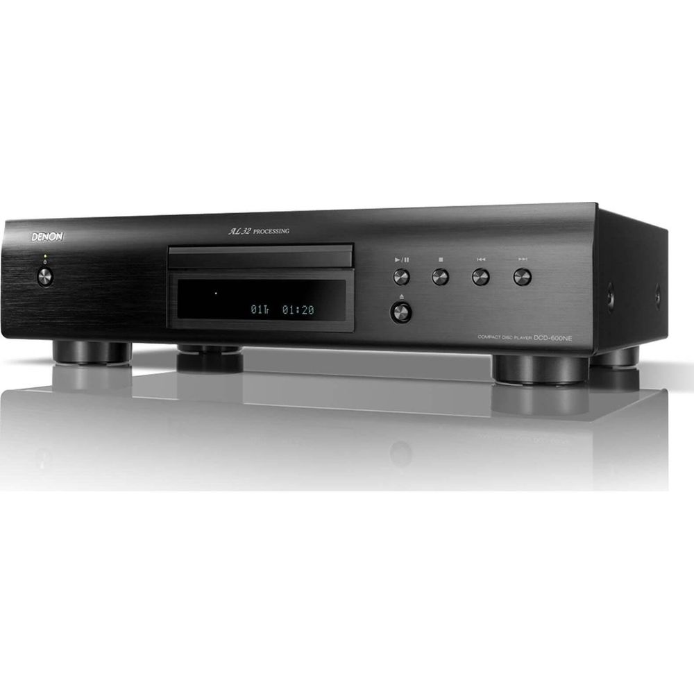 Czarny odtwarzacz CD Denon z srebrnym wyświetlaczem i przyciskami.