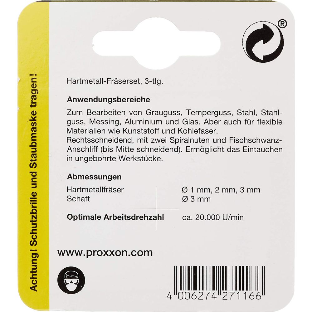 Verpackung für ein Hartmetall-Fräserset mit Warnhinweis, Anwendungsbereichen und Maßen.