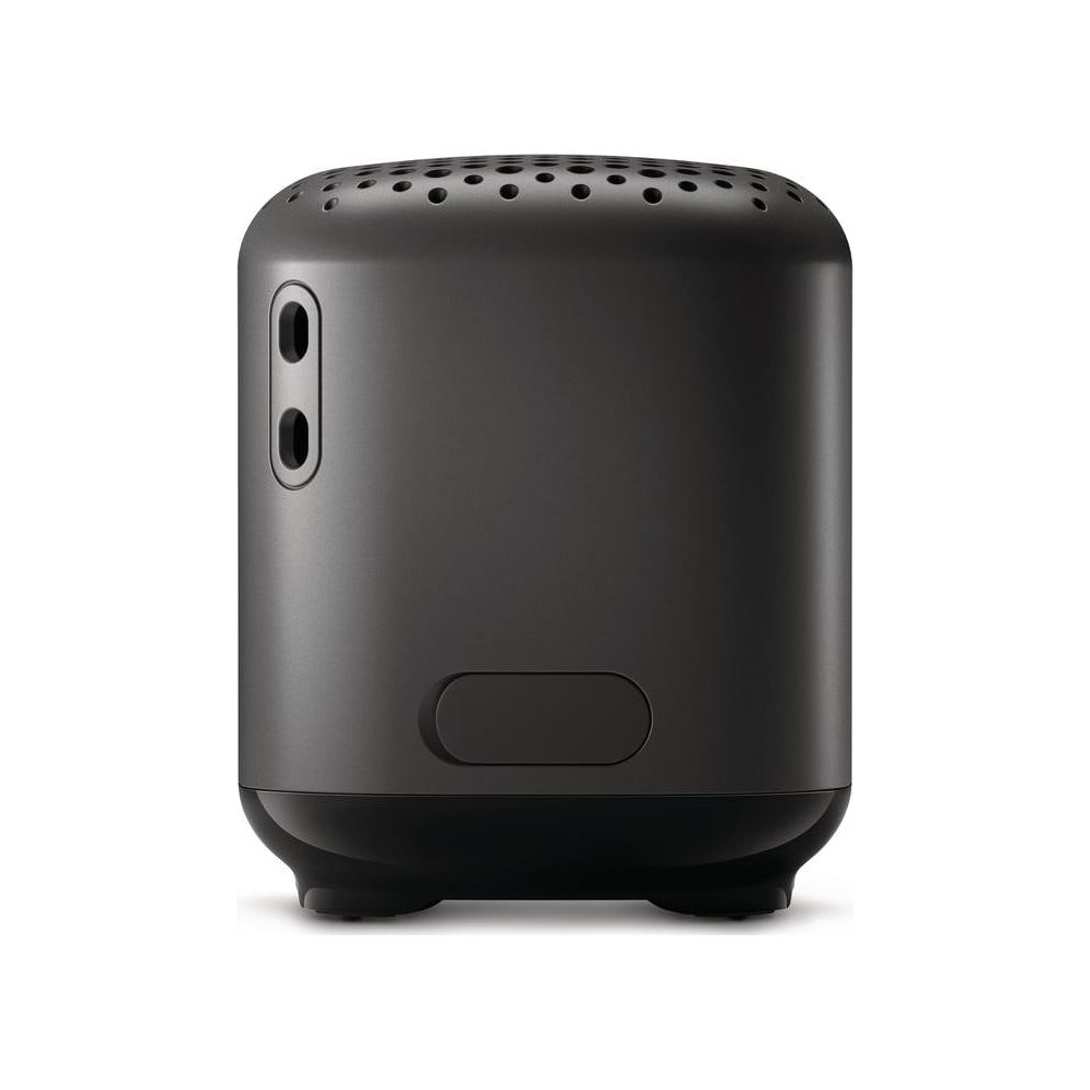 Ciemny, cylindryczny głośnik z perforowaną górą i dwoma przyciskami po bokach.