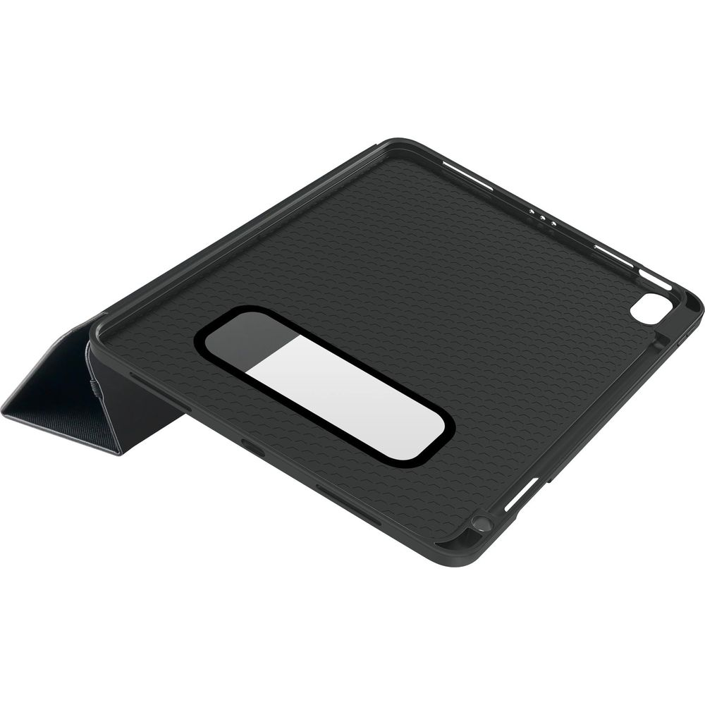 Schwarze Tablet-Hülle mit Wabenmuster und Sichtfenster. Auf einer Seite geöffnet.