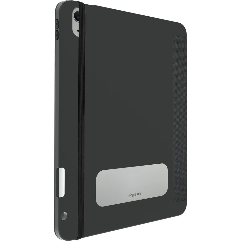Schwarze Hülle für ein iPad Air mit silbernem Logo auf der Vorderseite.