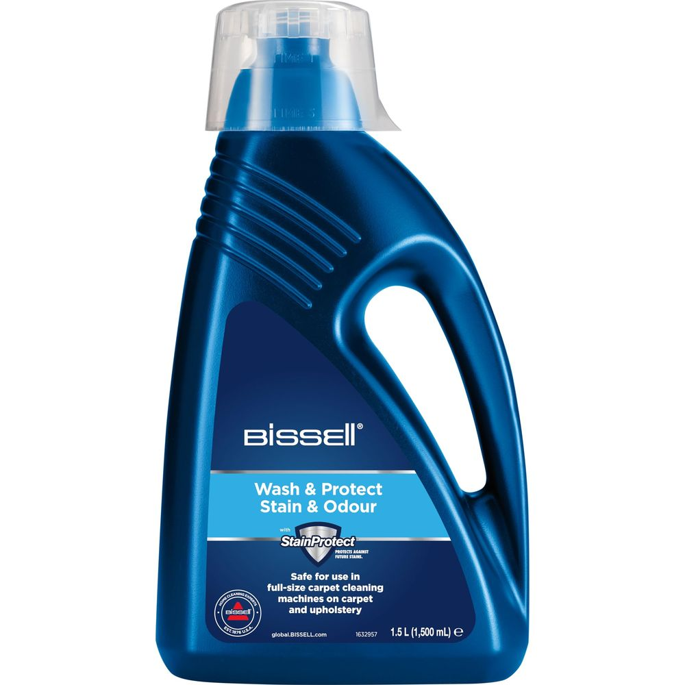 Blaue Bissell-Flasche mit Wash & Protect Stain & Odour Teppichreiniger.