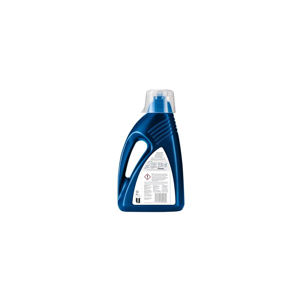 Dunkelblaue Flasche mit Griff und transparentem Deckel, Rückseite mit Etikett.