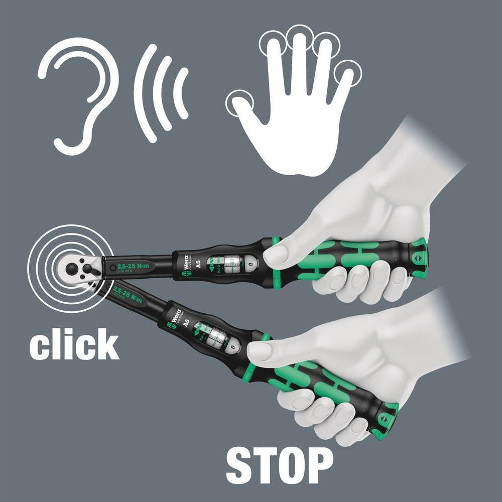 Deux clés dynamométriques : clic sonore et indicateur d'arrêt. Mains tenant les outils.