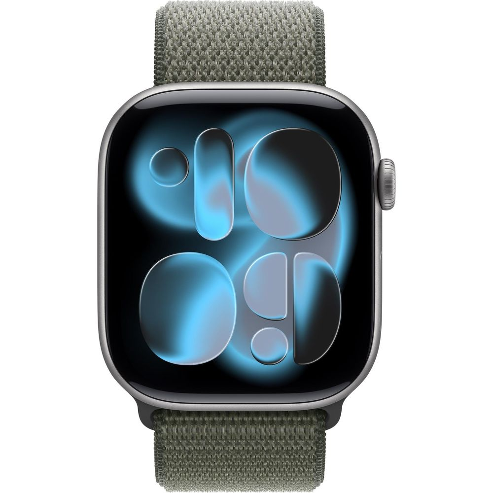 Orologio intelligente grigio con display digitale e sfumatura blu su sfondo nero.