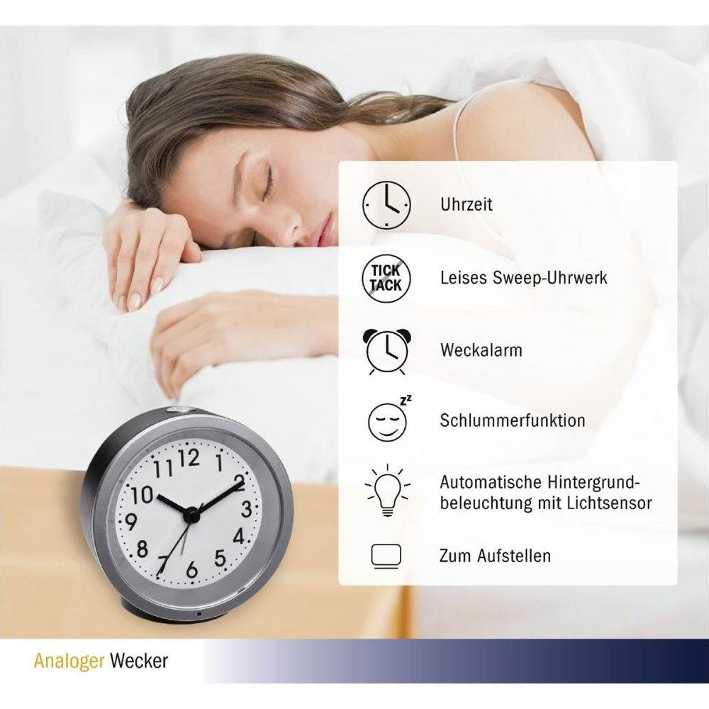 Eine Frau schläft, ein Wecker ist daneben, rechts sind Funktionen aufgelistet.