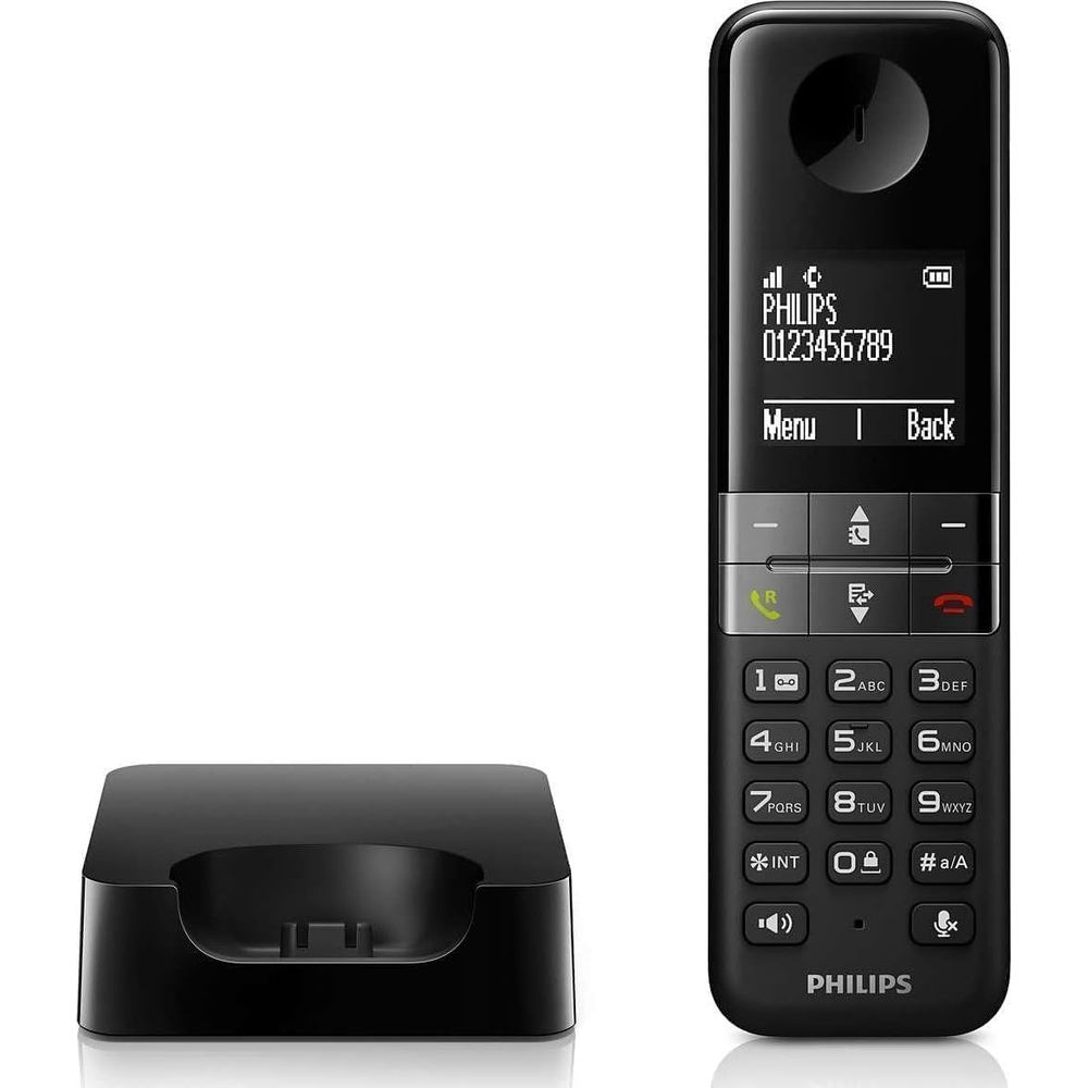 Un téléphone sans fil noir et sa base de chargement sont côte à côte.