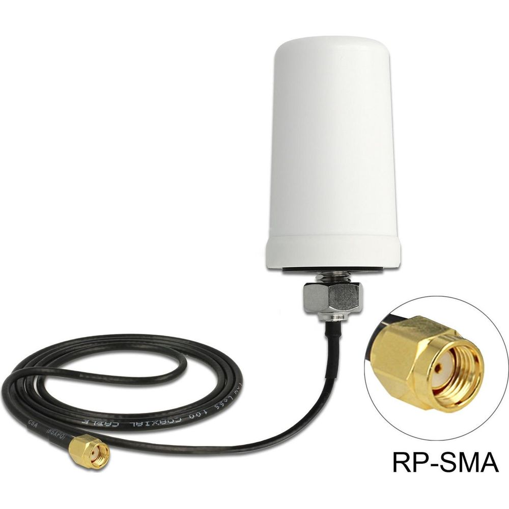 Antenna bianca con cavo coassiale nero e connettore RP-SMA dorato.