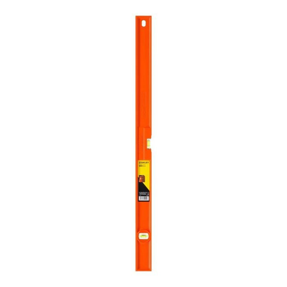 Un nivel de burbuja naranja con etiqueta amarilla está en vertical sobre fondo blanco.