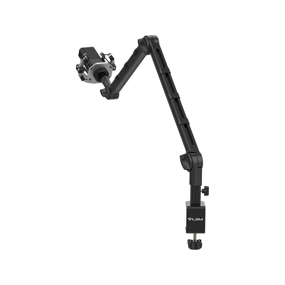 Czarny wysięgnik mikrofonowy z podstawą zaciskową i uchwytem mikrofonowym na białym tle.