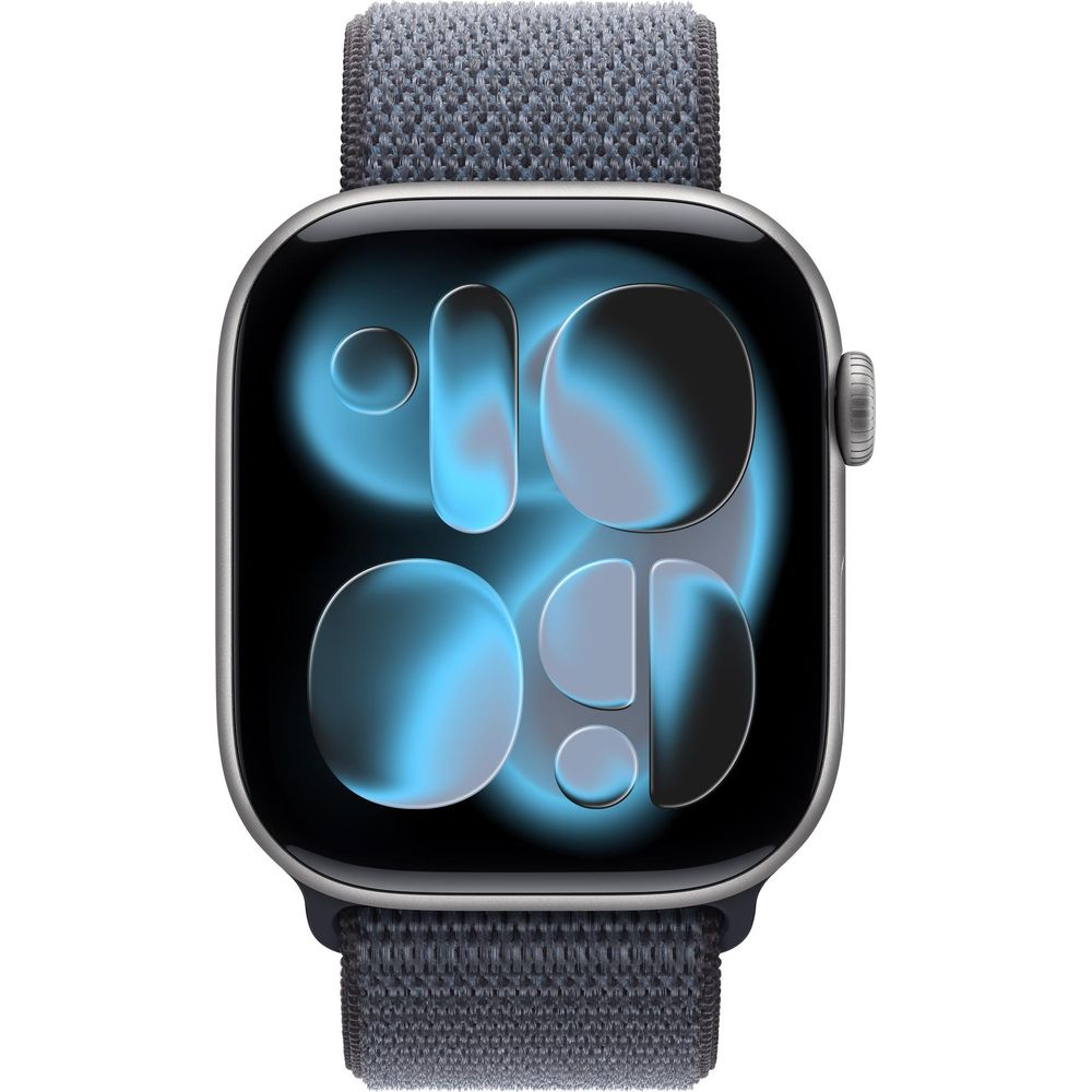 Un Apple Watch grigio con quadrante astratto blu su sfondo bianco.