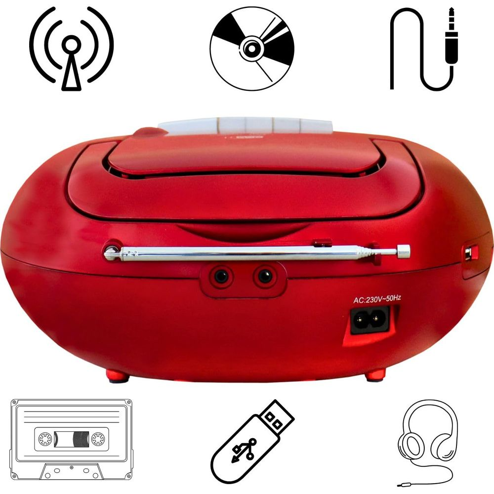 Ein roter Boombox mit Symbolen für CD, Kassette, USB, Kopfhörer, Antenne und Strom.
