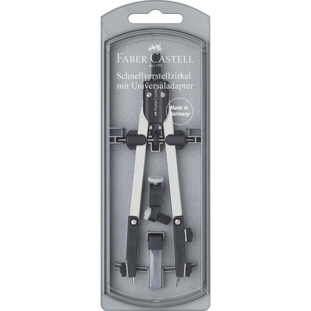 Faber-Castell Zirkel mit Universaladapter in Verpackung. Made in Germany.