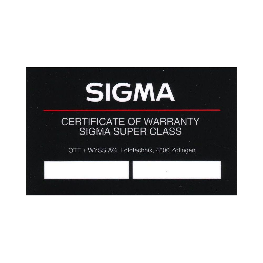 SIGMA-Garantiekarte für SIGMA SUPER CLASS mit Firmenadresse.