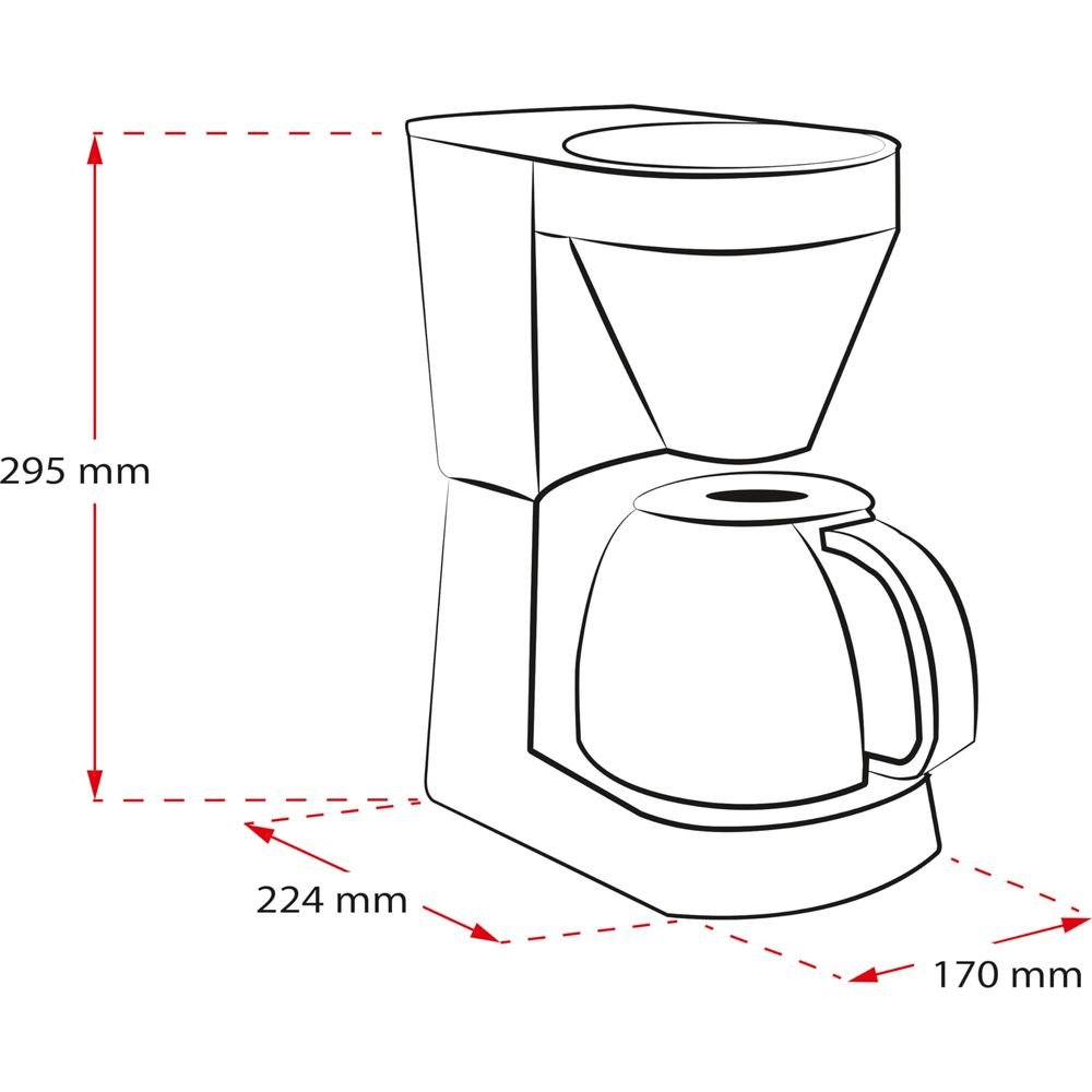 Rysunek linii ekspresu do kawy z wymiarami: wys. 295 mm, szer. 224 mm, gł. 170 mm.