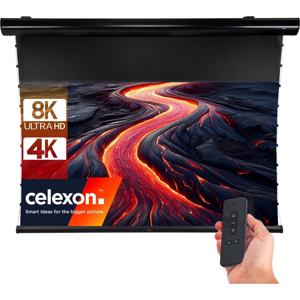 Eine Projektionsleinwand zeigt fließende Lava mit 8K und 4K Auflösung.