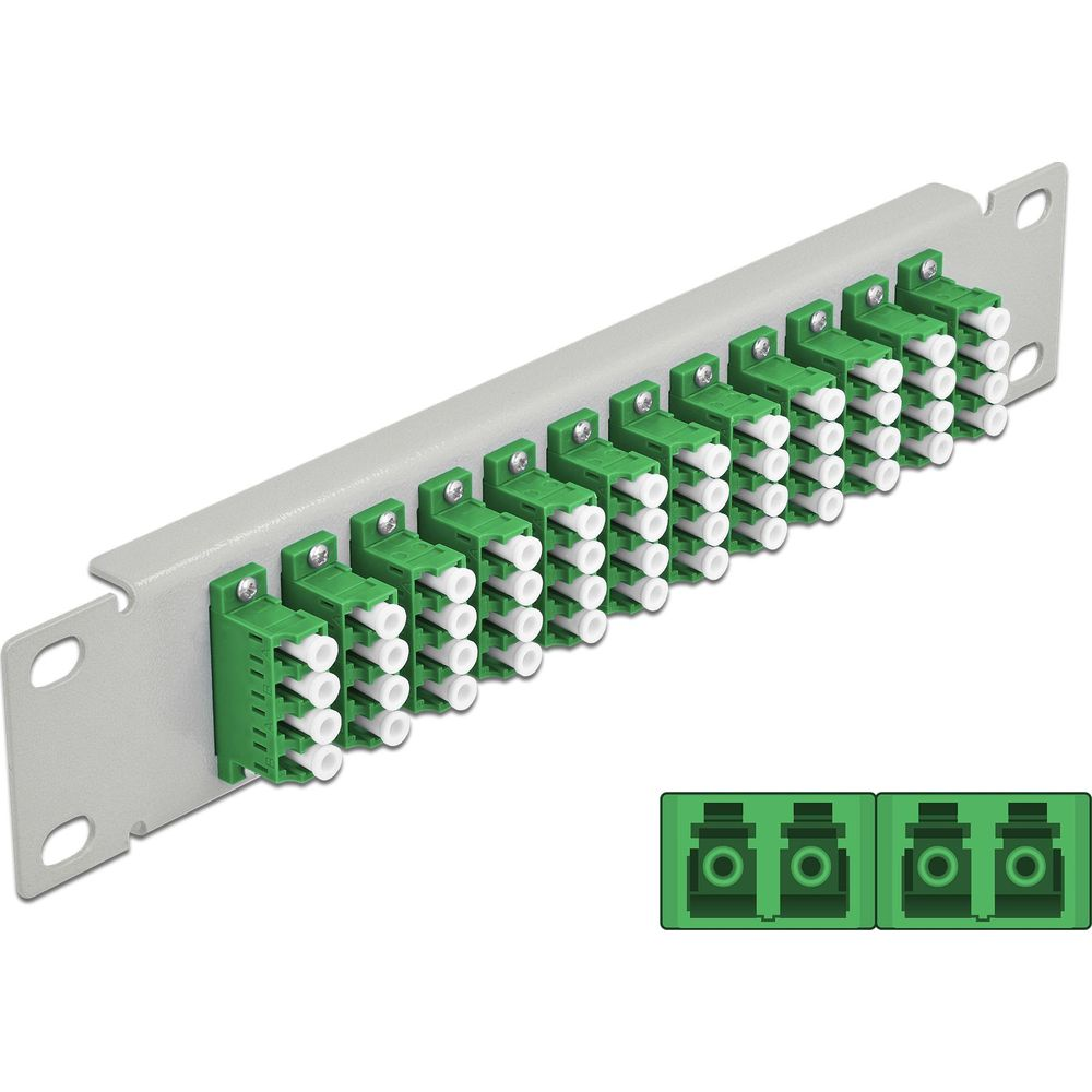Rack grigio con 12 accoppiatori in fibra ottica verdi affiancati.