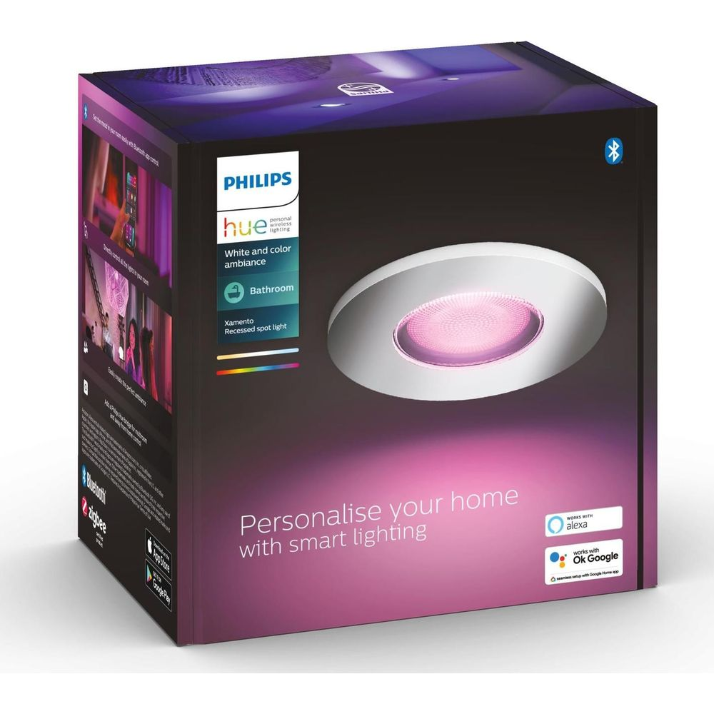 Confezione di un faretto da incasso Philips Hue Xamento con luce rosa.
