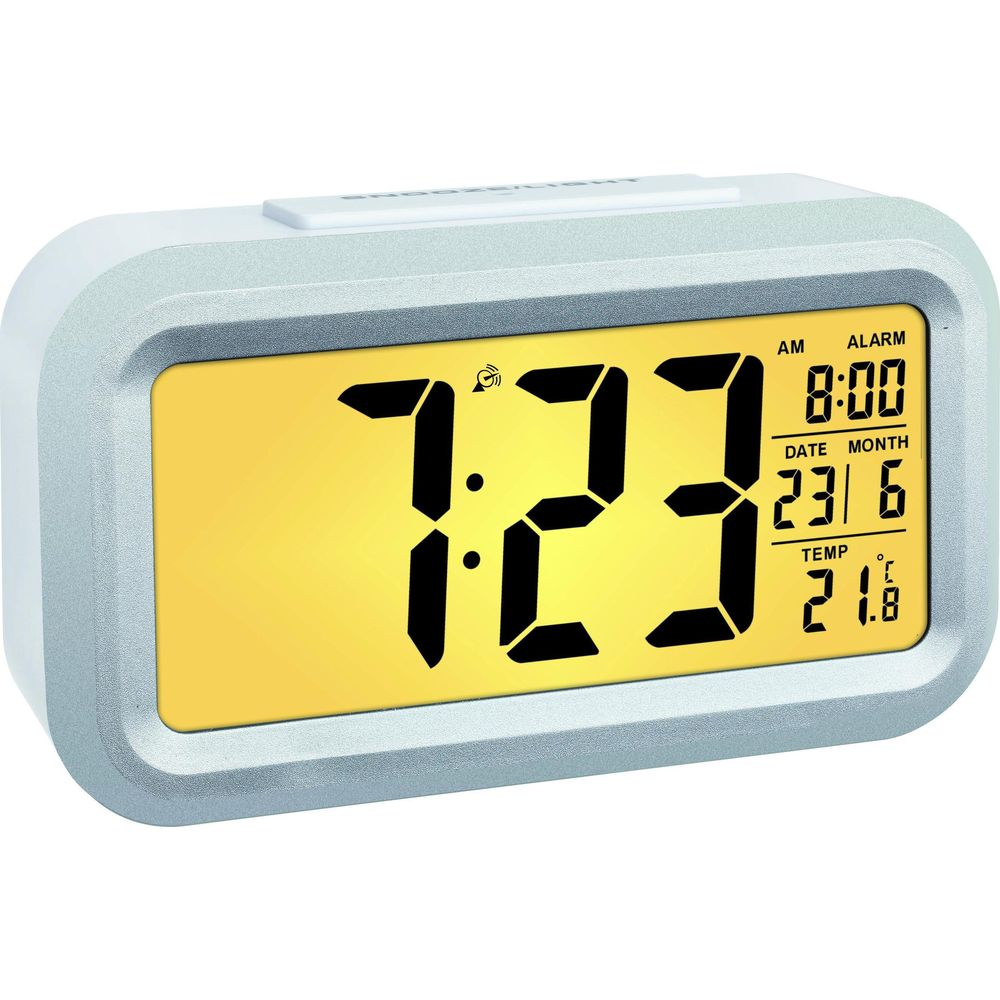 Digitaluhr mit gelbem Display zeigt 7:23 Uhr, Wecker 8:00 Uhr, Datum 23.6, Temperatur 21.8°C.