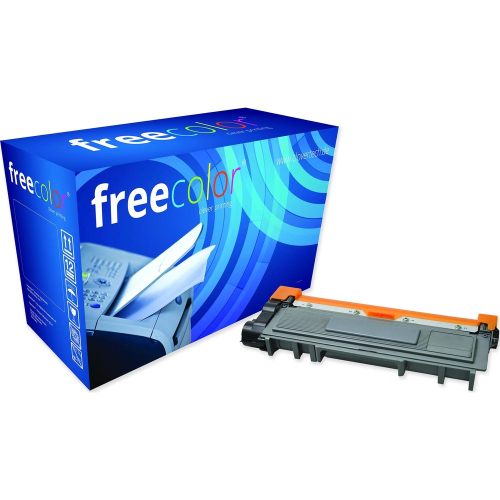 Una scatola blu Freecolor e una cartuccia toner con accenti arancioni.