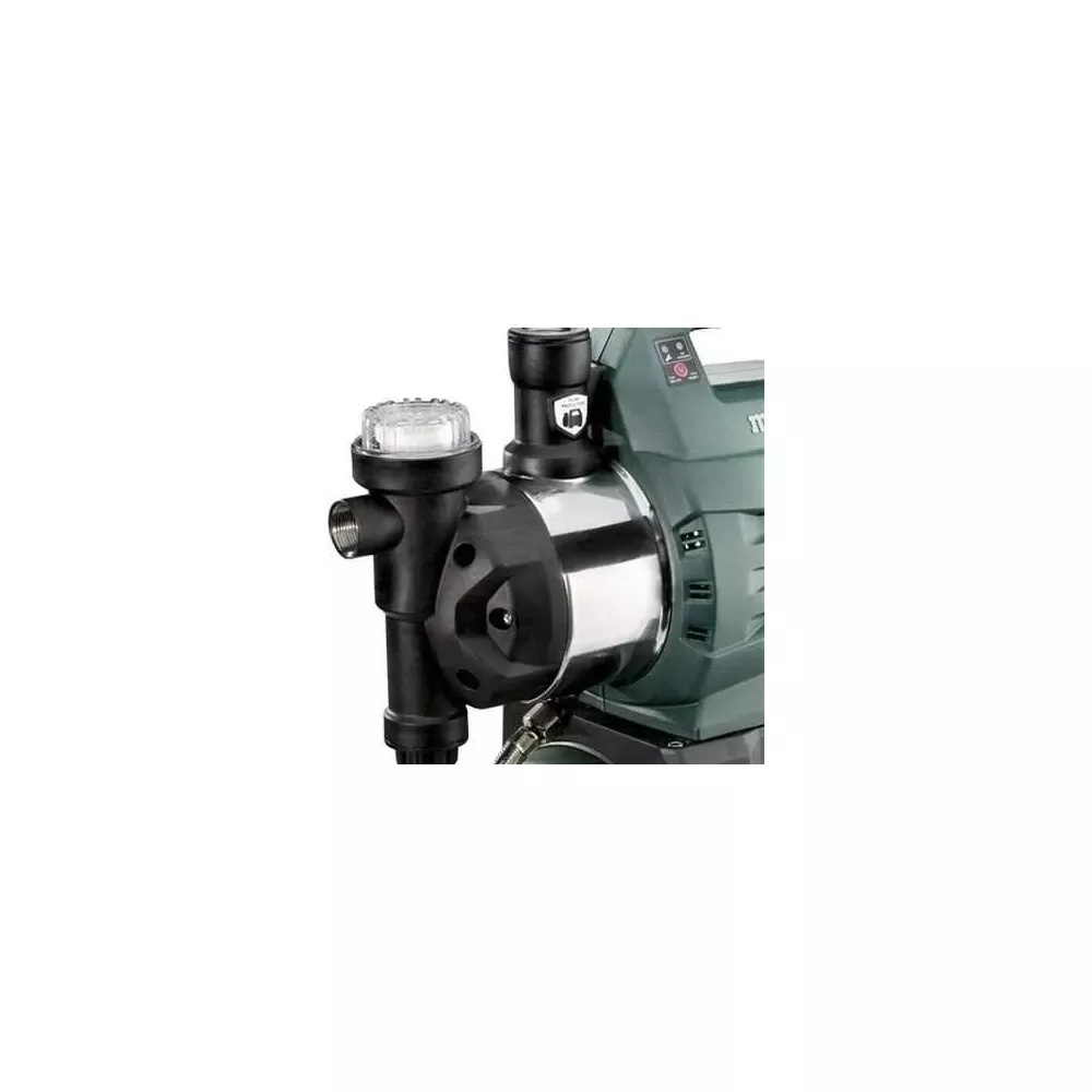 Zielona pompa z srebrną obudową i czarnym filtrem.